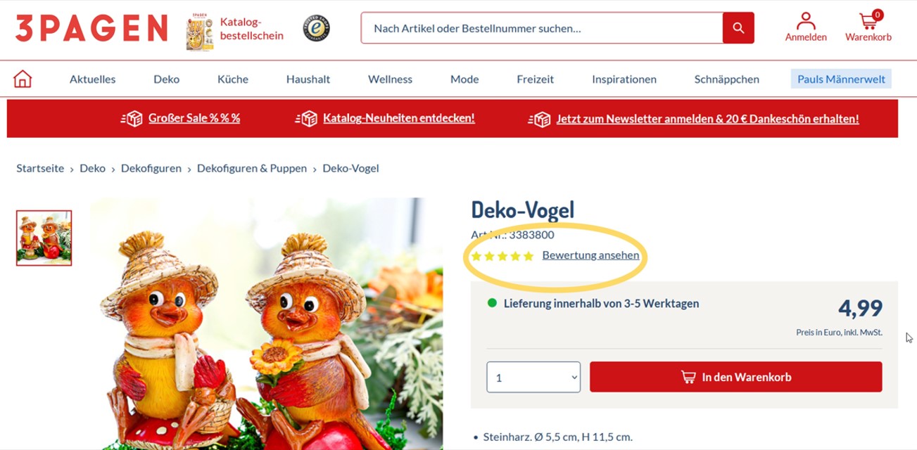 Screenshot der 3PAGEN Produktdetailseite. Eingekreist ist oben rechts das Feld Bewertung ansehen