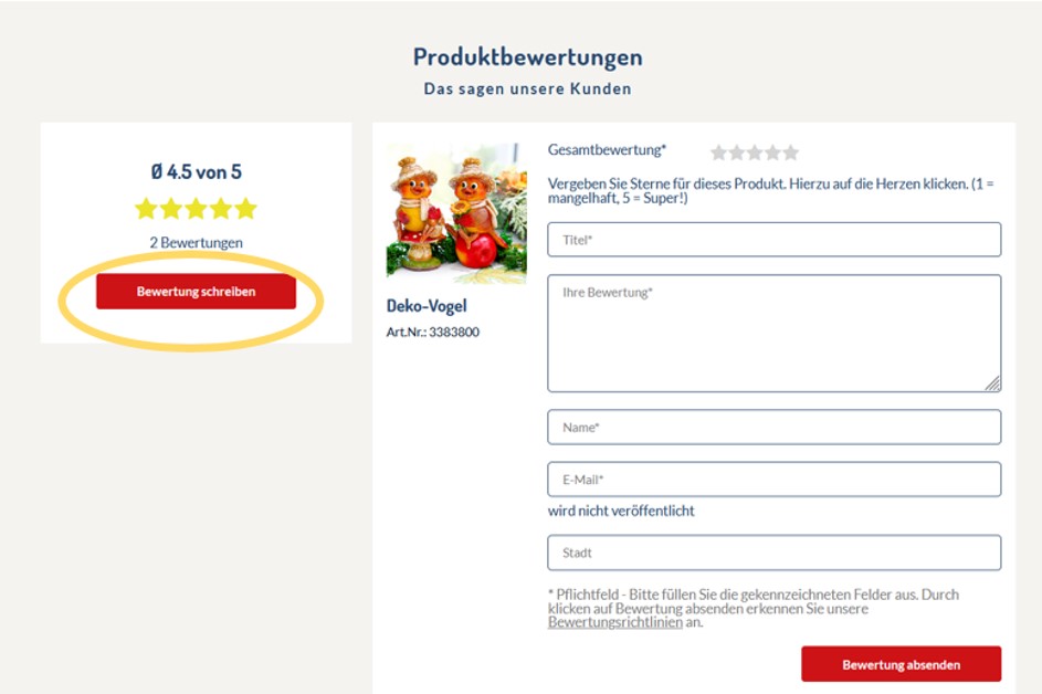Screenshot der aktuellen Produktbewertungen. Eingekreist ist das Feld Bewertung schreiben