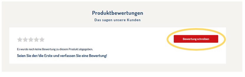 Screenshot der Produktbewertungen. Eingekreist ist das Feld Bewertung schreiben
